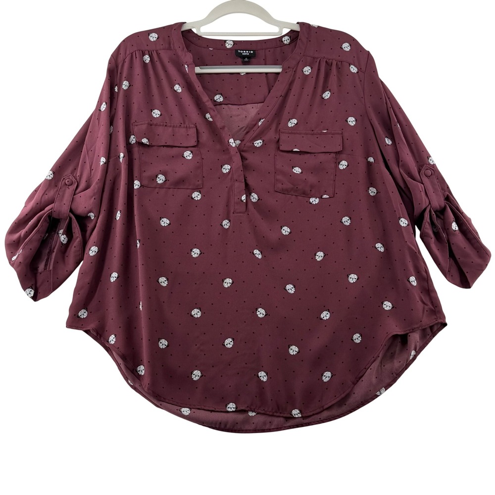 Torrid Harper Pug Polka Dot Blouse Plus Size 0 Large Roll Tab Sleeve Burgundy